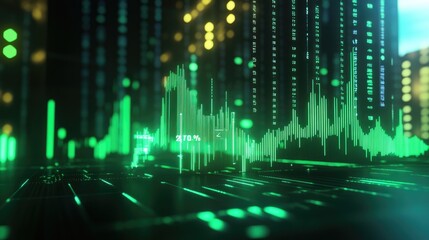 Poster - A 3D rendering of stock market graphs with rising green lines, floating percentage symbols, and digital stock tickers, representing strong financial performance.