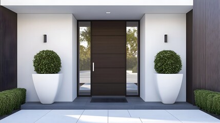 A modern front door with dark wood and glass