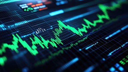 Poster - A 3D rendering of stock market graphs with rising green lines, floating percentage symbols, and digital stock tickers, representing strong financial performance.