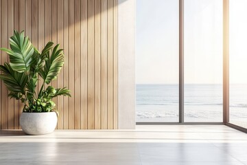 Canvas Print - Balcony room with sea and beach view from the window. Modern interior with wooden slat wall panels and concrete tiles. Terrace mockup with sunlight