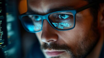 focused developer coder wears glasses working on computer looking at programming code data cyber sec