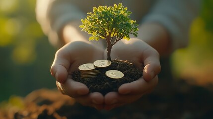 Poster - Eco business investment Green business growth Businessman holding coin with tree growing on money coin stack Finance sustainable developmentConcept of pass and increase of renewable en : Generative AI