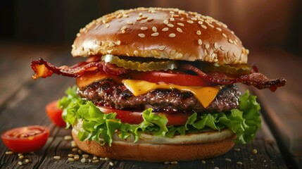 Juicy bacon cheeseburger with lettuce and tomato