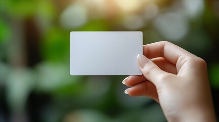 Aufkleber - Hand holding blank white credit card mockup with rounded corners Plain creditcard mock up template with electronic chip holding arm Plastic bankcard display front design Business brand : Generative AI