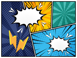 comic speech bubbles in white clouds on a vibrant pop art background