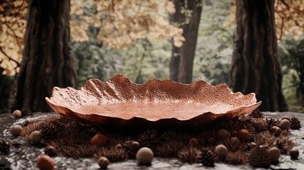 Poster - A beautifully crafted copper bowl sits atop a textured surface, surrounded by various natural elements. Autumn leaves create a warm backdrop, enhancing the elegance of this unique centerpiece.