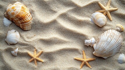 Poster - Top view of a sandy beach texture with imprints of exotic seashells and starfish as natural textured background : Generative AI