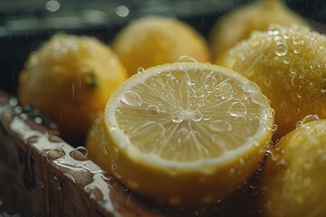 Lemons in the Rain: A close-up of fresh lemons, glistening with raindrops, evokes a sense of freshness and vibrancy. The halved lemon in the center reveals the juicy, citrusy interior.