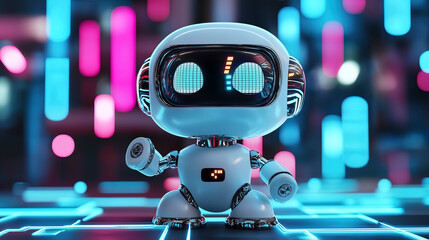 3D technological illustration of a cute cartoon robot on a data panel background