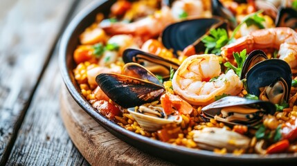 Wall Mural - Close-up of a delicious seafood paella with shrimp, mussels, and clams, served in a traditional paella pan on a wooden table.