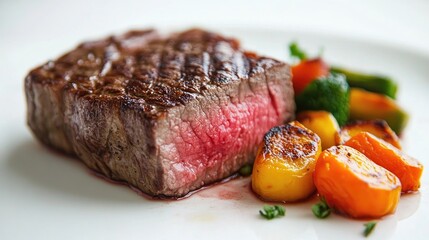 a close-up of a juicy steak sliced open, revealing its tender pink interior, served with roasted veg