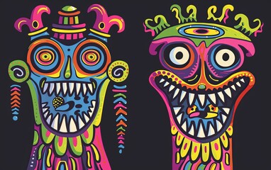 Close-up of the faces of two monsters with an evil grin and sharp teeth. The evil creature is drawn. Creepy grimace of a scary character. A fairy-tale character. An illustration of a varied design.