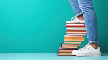 Canvas Print - A person standing on a stack of books with their feet in white shoes, AI