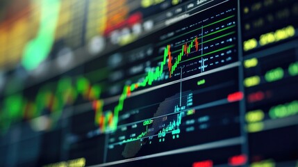 Poster - A close-up of a stock trading screen, showing various stock symbols, prices, and performance graphs, with a focus on a green upward trend line.