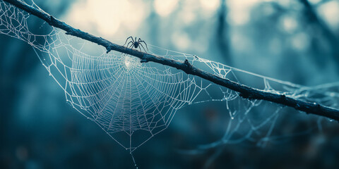 A dew-kissed spider web hangs between branches, with a solitary spider perched at its edge.