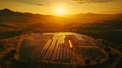 Poster - Solar panel produces green environmentaly friendly energy from the setting sun Aerial view from drone Landscape picture of a solar plant that is located inside a valley : Generative AI