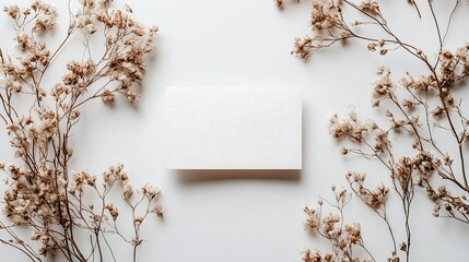 Poster - Boho business card mockup template empty stationery card with dry plants flower and boho decor on a white background and design element for wedding invitation rsvp thank you card greet : Generative AI