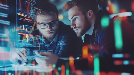 Poster - two men analyzing data on computer screens in a dimly lit office during the evening, immersed in tec
