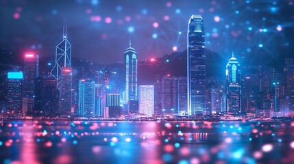 Leinwandbilder - Smart network and Connection technology concept Hong Kong digital city background at night in victoria harbour Cyberpunk color style Panorama view : Generative AI