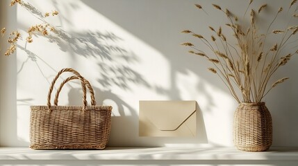 Poster - 5x7 wedding card mockup with craft envelop and straw bag : Generative AI