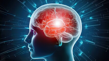 Poster - Illustration of a Glowing Human Brain With Neural Connections in a Dark Setting
