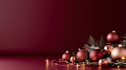 Poster - Elegant arrangement of shimmering Christmas ornaments in rich reds and golds, surrounded by green pine and delicate snowflakes