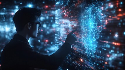 Poster - Ai tech businessman show virtual graphic Global Internet connect Chatgpt Chat with AI Artificial Intelligence using command prompt for generates something Futuristic technology transfo : Generative AI