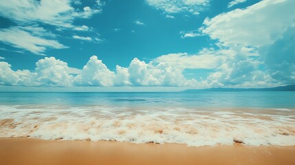 Poster - Beautiful tropical beach with blue sky and white clouds abstract texture background Copy space of summer vacation and holiday business travel concept Vintage tone filter effect color s : Generative AI