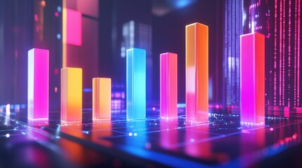 Poster - A colorful 3D bar chart with glowing bars in various heights, floating in a futuristic digital environment, representing business growth and data analysis