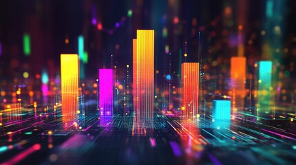 Poster - A colorful 3D bar chart with glowing bars in various heights, floating in a futuristic digital environment, representing business growth and data analysis