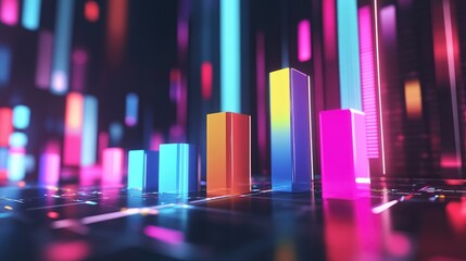 Poster - A colorful 3D bar chart with glowing bars in various heights, floating in a futuristic digital environment, representing business growth and data analysis