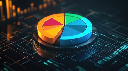 Poster - A colorful 3D pie chart with each segment floating slightly above a digital platform, representing data distribution in vibrant shades of blue, green, and orange
