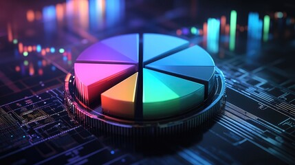 Poster - A colorful 3D pie chart with each segment floating slightly above a digital platform, representing data distribution in vibrant shades of blue, green, and orange