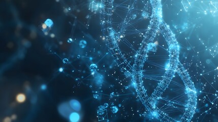 Poster - Abstract Representation of a DNA Helix with Blue Glowing Lines and Connected Dots