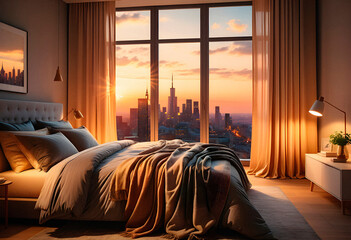 Wall Mural - A hotel room in eco style with wonderful city view. AI generated.