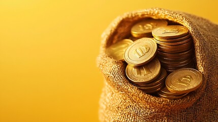 Poster - Gold coins in sack Gold money on orange background Copy space A pile of coins A bag with gold coins Treasure hunt : Generative AI