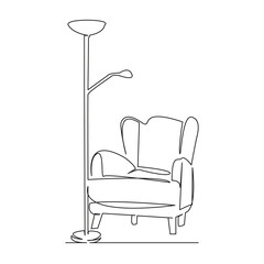 Wall Mural - One continuous single drawing line art flat doodle armchair, chair, furniture, floor lamp, indoor, living room, luxury, seat, design, table. Isolated image hand draw contour on a white background