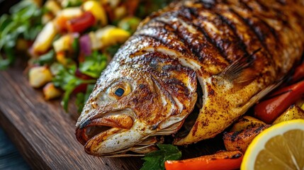 Wall Mural - Close-up of a grilled whole fish with crispy skin and lemon slices, set against a rustic wooden background with a side of mixed vegetables.