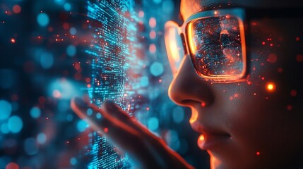 Aufkleber - Metaverse and Blockchain Technology Concepts Person with Glasses try to Touching Object for Experiences of Metaverse Virtual World Futuristic Tone : Generative AI