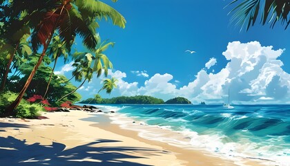 vibrant digital tropical island beach with serene sea in stunning graphic design for captivating poster backgrounds