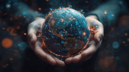 Poster - Metaverse TechnologyNext generation technologyGlobal networking connectionscience innovation and communication technologyHand holding earth globe with data exchanges on connection tech : Generative AI