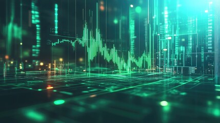 Poster - A digital stock graph with candlestick patterns and a rising trend line in green, surrounded by real-time market data and futuristic icons, symbolizing growth.