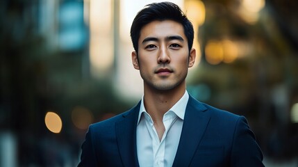 A man in a suit and white shirt stands in front of a building