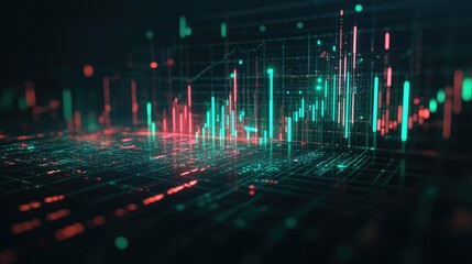 Poster - A digital stock market graph showing green and red candlesticks on a dark background, with glowing numbers and data points indicating real-time financial trends.