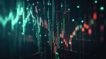 Poster - A digital stock market graph showing green and red candlesticks on a dark background, with glowing numbers and data points indicating real-time financial trends.