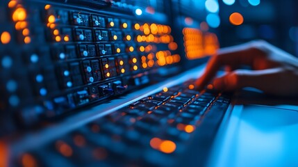 Aufkleber - Computer engineer working on laptop computer with server room data center big data storage as backgrounds digital technology database IT support telecommunication internet network tech : Generative AI