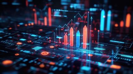 Poster - A dynamic 3D bar graph with arrows pointing upward, surrounded by digital icons and glowing data points, symbolizing success and performance improvement.