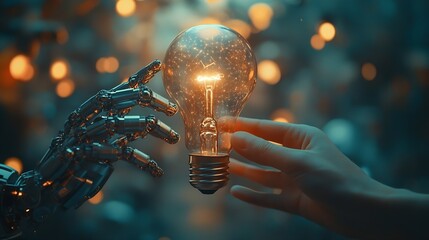 Aufkleber - AI Machine learning Hands of robot and human touch on big data network Brain data creative in light bulb Science and artificial intelligence technology innovation for futuristic : Generative AI