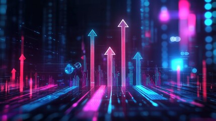 Poster - A dynamic 3D bar graph with arrows pointing upward, surrounded by digital icons and glowing data points, symbolizing success and performance improvement.