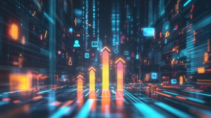 Poster - A dynamic 3D bar graph with arrows pointing upward, surrounded by digital icons and glowing data points, symbolizing success and performance improvement.